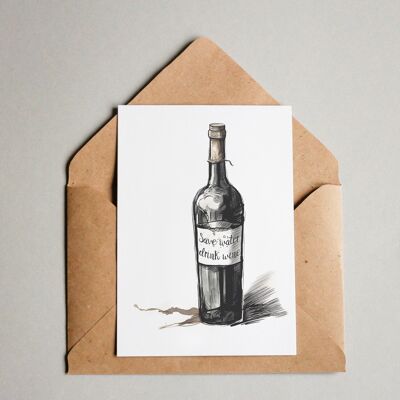 Postkarte Save water drink wine