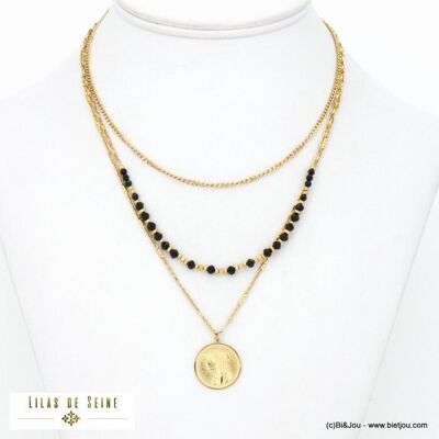 Collier 3-rangs layering pièce monnaie acier pierre 0122530