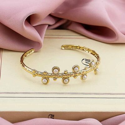 Bracciale rigido in acciaio inossidabile martellato con cabochon perlati 0223005