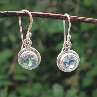 Boucles d'oreilles pendantes rondes en argent 925 avec topaze bleue naturelle