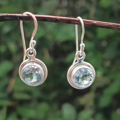 Boucles d'oreilles pendantes rondes en argent 925 avec topaze bleue naturelle