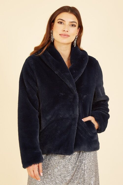 Yumi Navy Short Wrap Faux Fur Coat