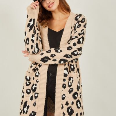 Cardigan long en intarsia animal beige Yumi