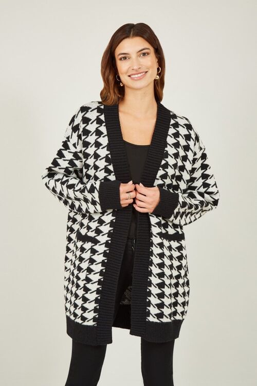 Yumi Black Dogtooth Intarsia Knit Long Cardigan