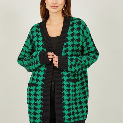 Cardigan long en maille intarsia pied-de-poule vert Yumi