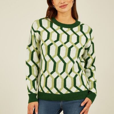 Mela-grüner Pullover mit Retro-Muster