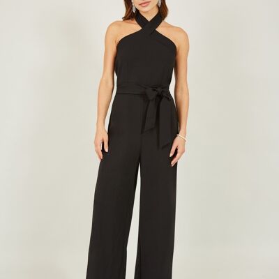 Mela Black Cross Over Halter Neck Jumpsuit