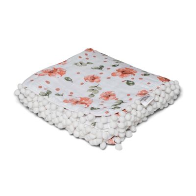 Muslin winter blanket with pompoms • Vintage rose