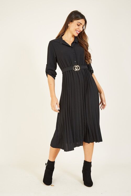 Mela Black Pleated Midi Shirt Dress