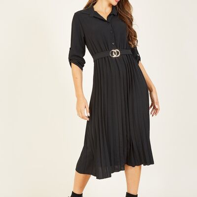 Mela Black Pleated Midi Shirt Dress