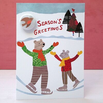 Mouse and Bear Skating - Greeting card with badge