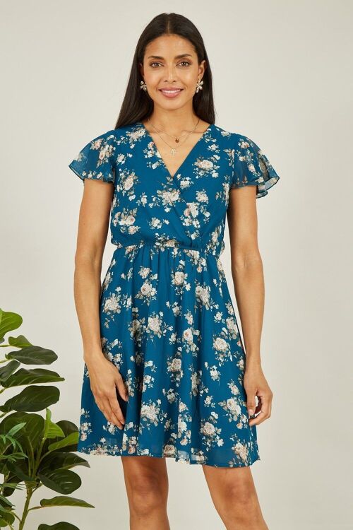 Mela Teal Floral Print Wrap Over Skater Dress