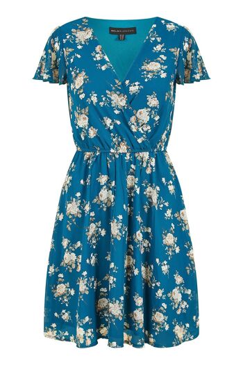 Mela - Robe patineuse portefeuille à imprimé floral bleu sarcelle 13