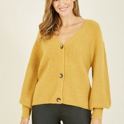 Yumi Senffarbener Strick-Cardigan mit Knopfleiste vorne