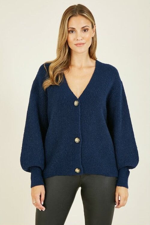 Yumi Navy Button Front Knitted Cardigan