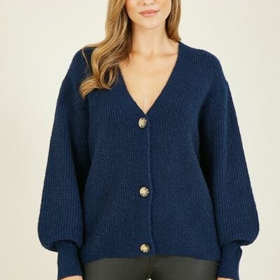 Yumi Navy Button Front Knitted Cardigan