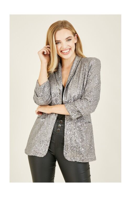 Yumi Silver Sequin Blazer With Pockets