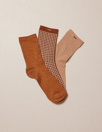 Pack de 3 chaussettes fantaisie femme - Paillettes et PDP marron 2