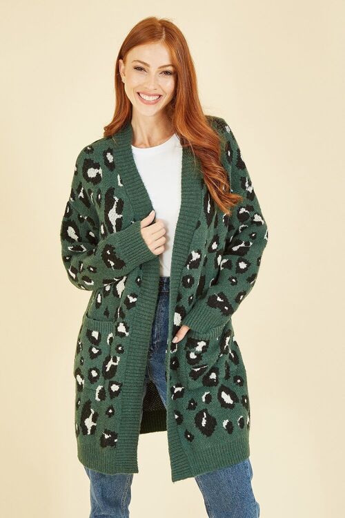 Yumi Green Animal Intarsia Long Cardigan