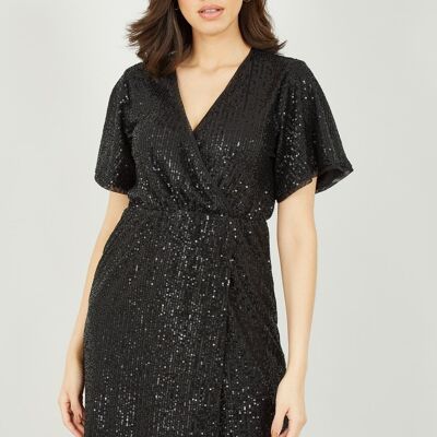 Mela - Robe portefeuille noire à manches kimono et sequins