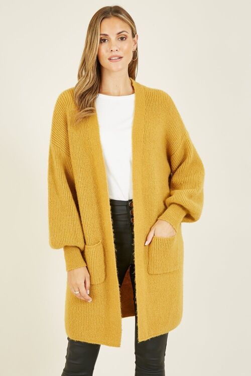 Yumi Mustard Knitted Long Cardigan With Pockets