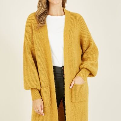 Yumi Mustard Knitted Long Cardigan With Pockets
