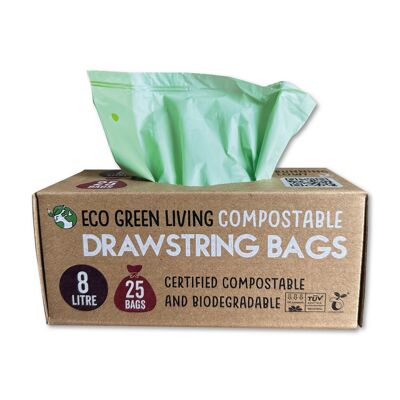 Sacchetti per rifiuti compostabili con coulisse | 8 litri (25 sacchi)