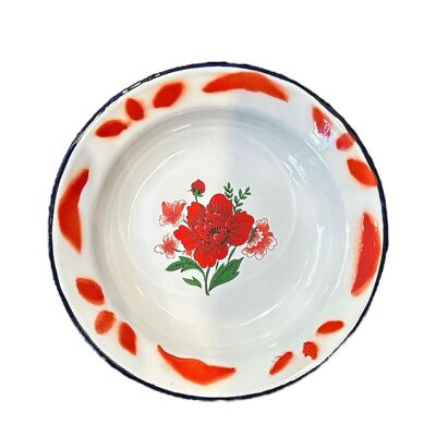 Red enameled soup plate