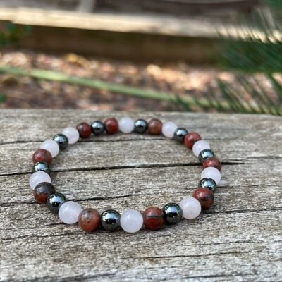 Elastic Lithotherapy Bracelet “Triple Protection” Rose Quartz, Hematite and Red Jasper, Made in France