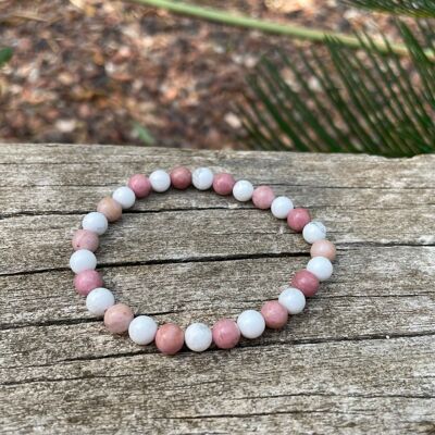 Elastic Lithotherapy Bracelet in Rhodochrosite and White Howlite, Made in France