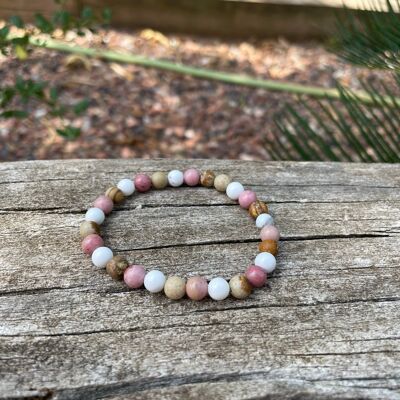 Elastic Lithotherapy Bracelet in Rhodochrosite, White Howlite and Landscape Jasper, Made in France