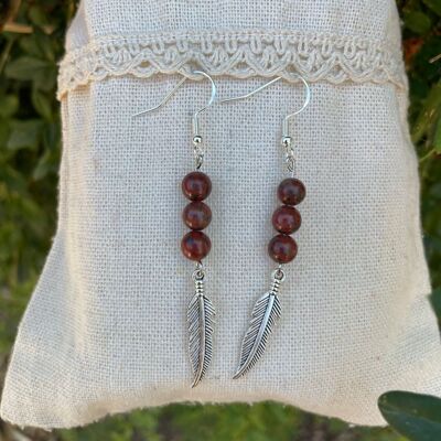 Earrings with 3 balls in natural Red Jasper and feather charm, Made in France