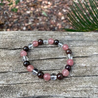 Elastic bracelet in Strawberry Quartz, Garnet and Rock Crystal, Made in France