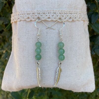 Earrings with 3 balls in natural Aventurine and feather charm, Made in France