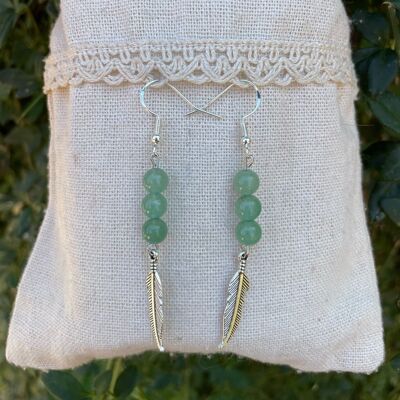 Boucles d'oreilles 3 boules en Aventurine naturelle et breloque plume, Made in France