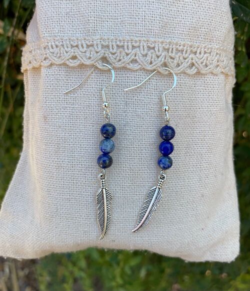 Boucles d'oreilles 3 boules en Lapis Lazuli naturel et breloque plume, Made in France