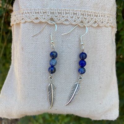 Earrings with 3 balls in natural Lapis Lazuli and feather charm, Made in France