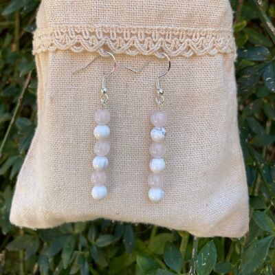 Dangling earrings in Howlite and Rose Quartz, Made in France