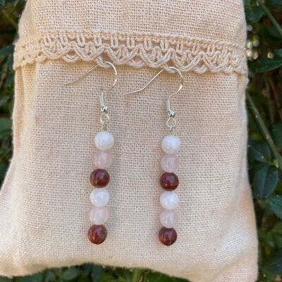 Dangling earrings in Red Jasper, Moonstone and Rose Quartz, Made in France