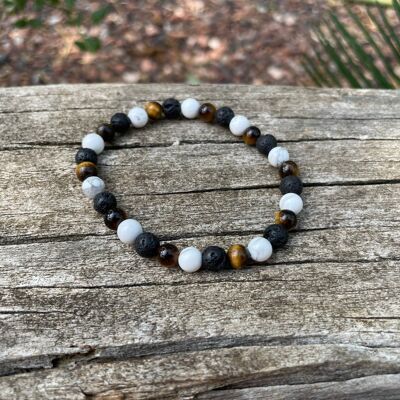 Elastic Lithotherapy Bracelet "Triple Protection" Tiger's Eye, Lava Stone and White Howlite, Made in France