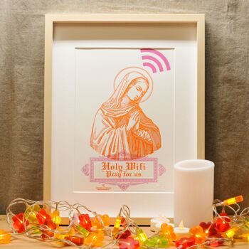Affiche Letterpress Sainte Wifi, A4, humour, geek, religion, prière, Marie, orange, rose 2
