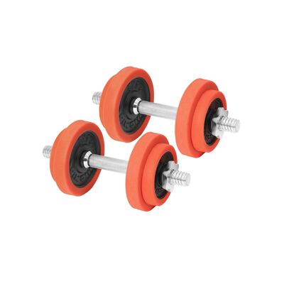 orange cast iron dumbbell set