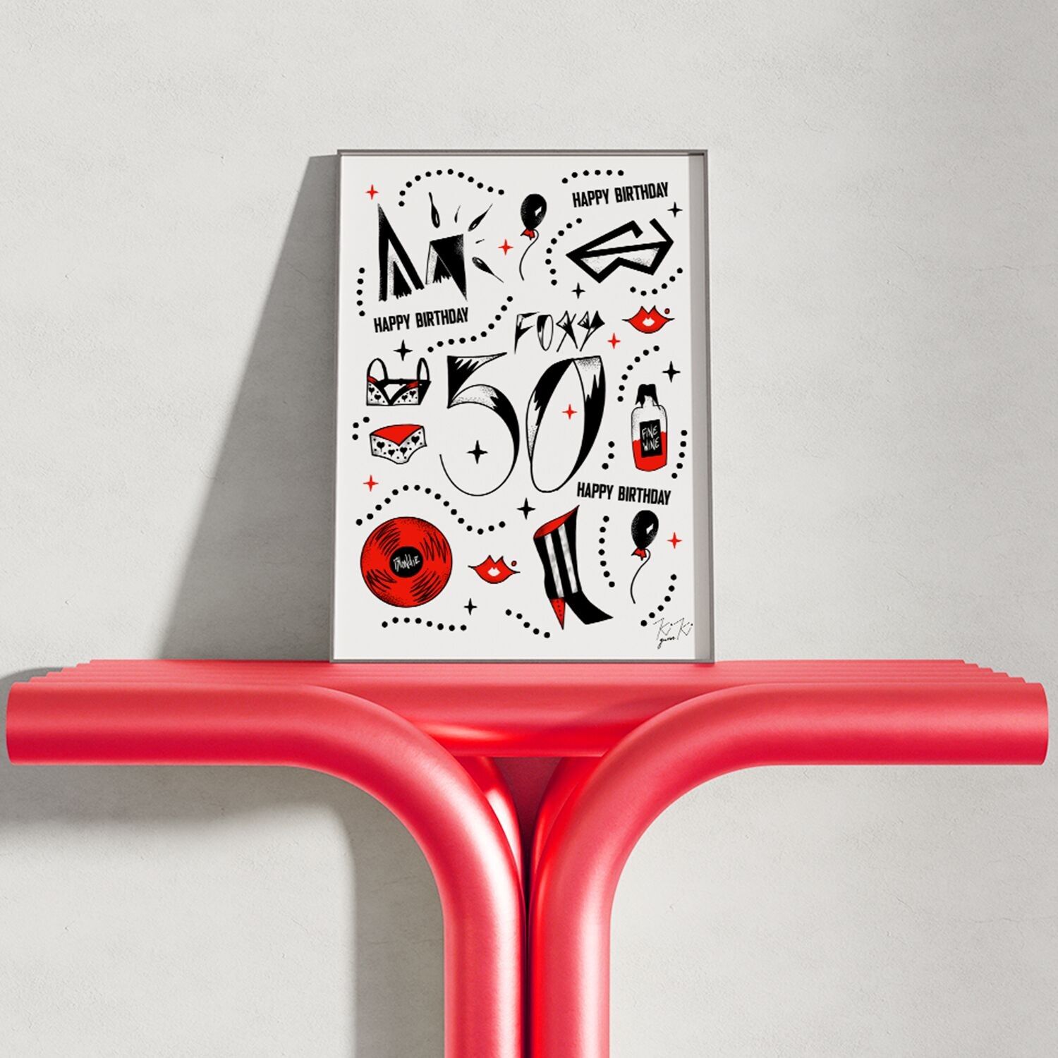 FOXY 50 – A4-GEBURTSTAG-KUNSTDRUCK. ILLUSTRIERTER GRAFIKDRUCK
