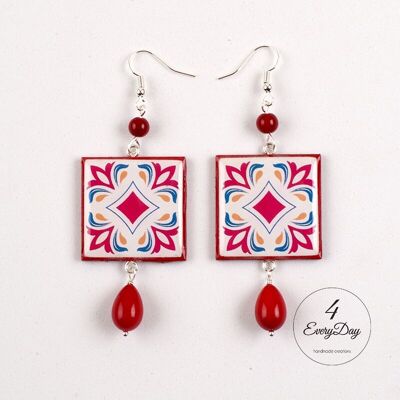 Square red majolica wood earrings