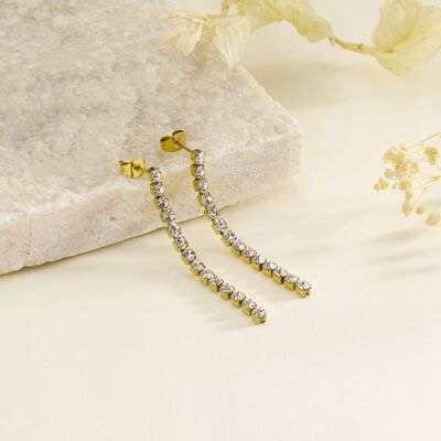 Gold earrings with dangling rhinestone line