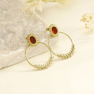 Flower crown earrings with red stone