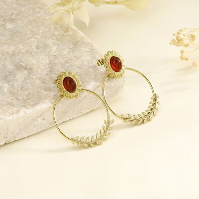 Boucles d'oreilles courrone de fleur avec pierre rouge