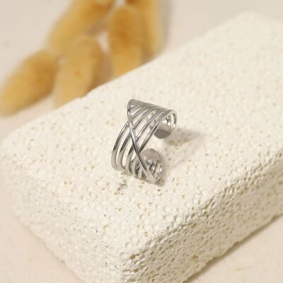 Bague argentée lignes avec croix