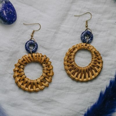 Gold Tone Blue Vein Stone Navy Blue Rattan Earrings