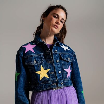 crop denim jacket with multicolored stars